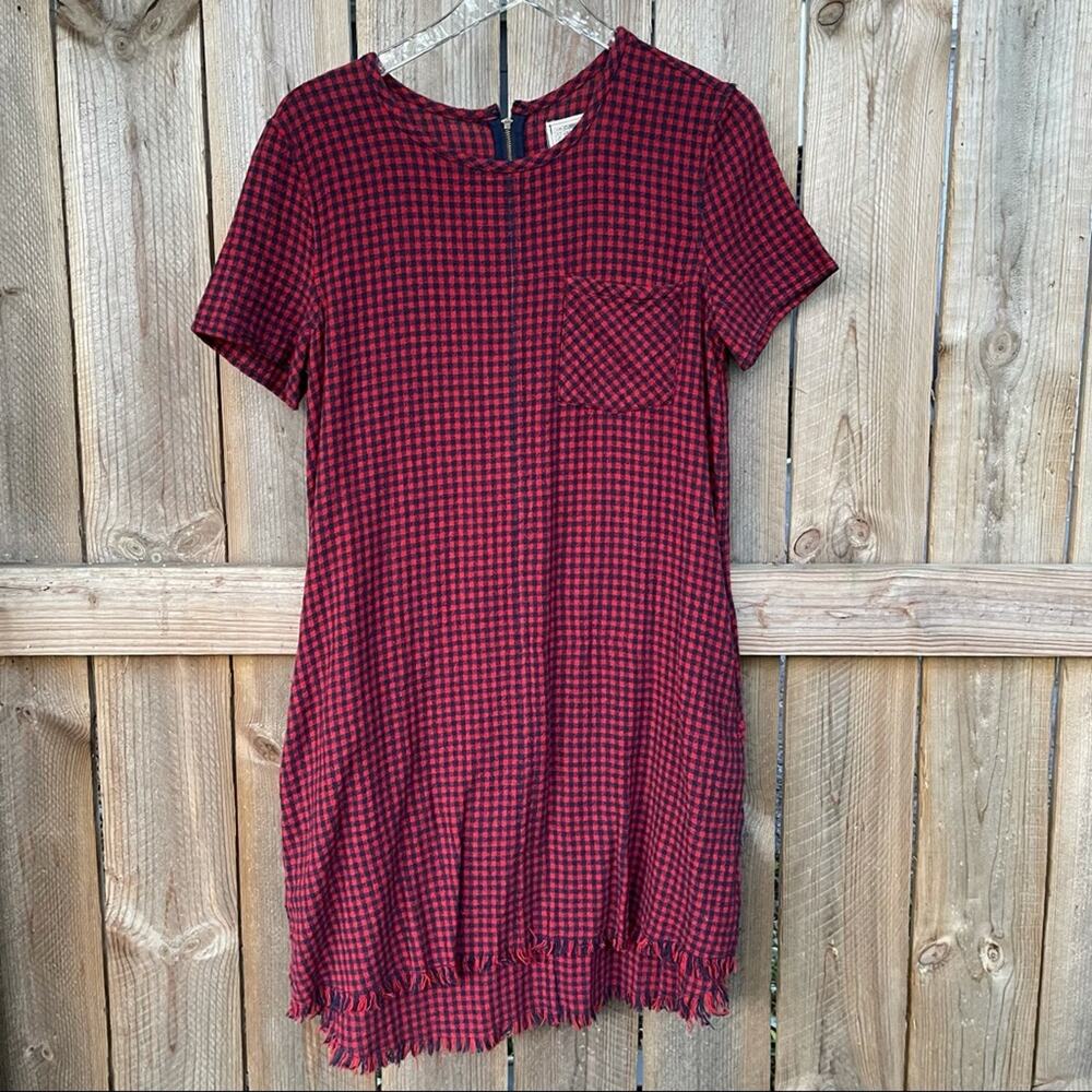 Current/Elliott Buffalo Check Mini Shift Dress Dress Fringe Hem Red Blue Size 2 - Picture 4 of 11